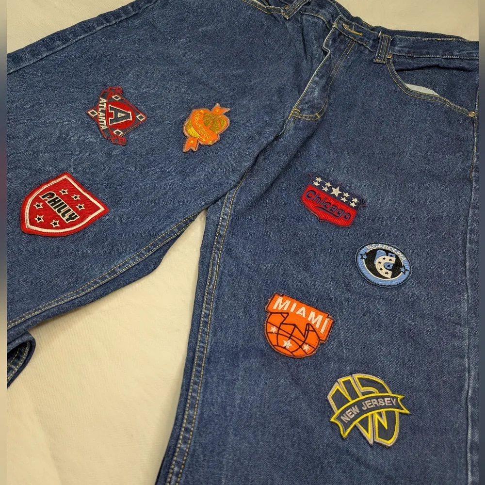 Y2K Unc Baggy Wide Leg NBA Patchwork Jeans - Picture 4 of 14